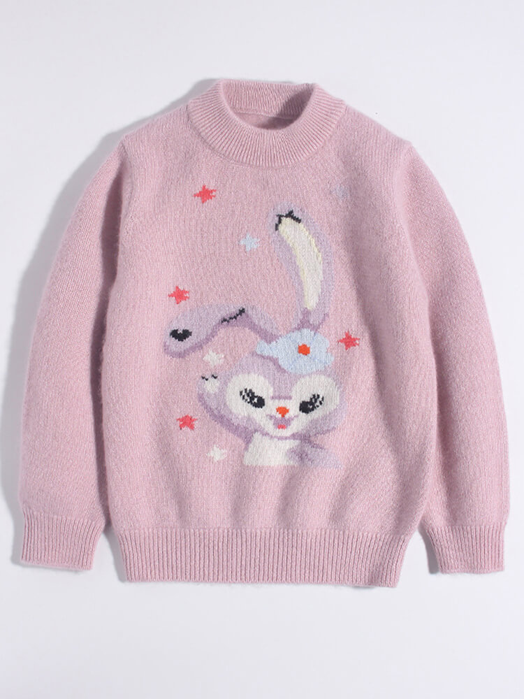 Pink Bunny and Star Pattern Girls Cashmere Crewneck Sweater
